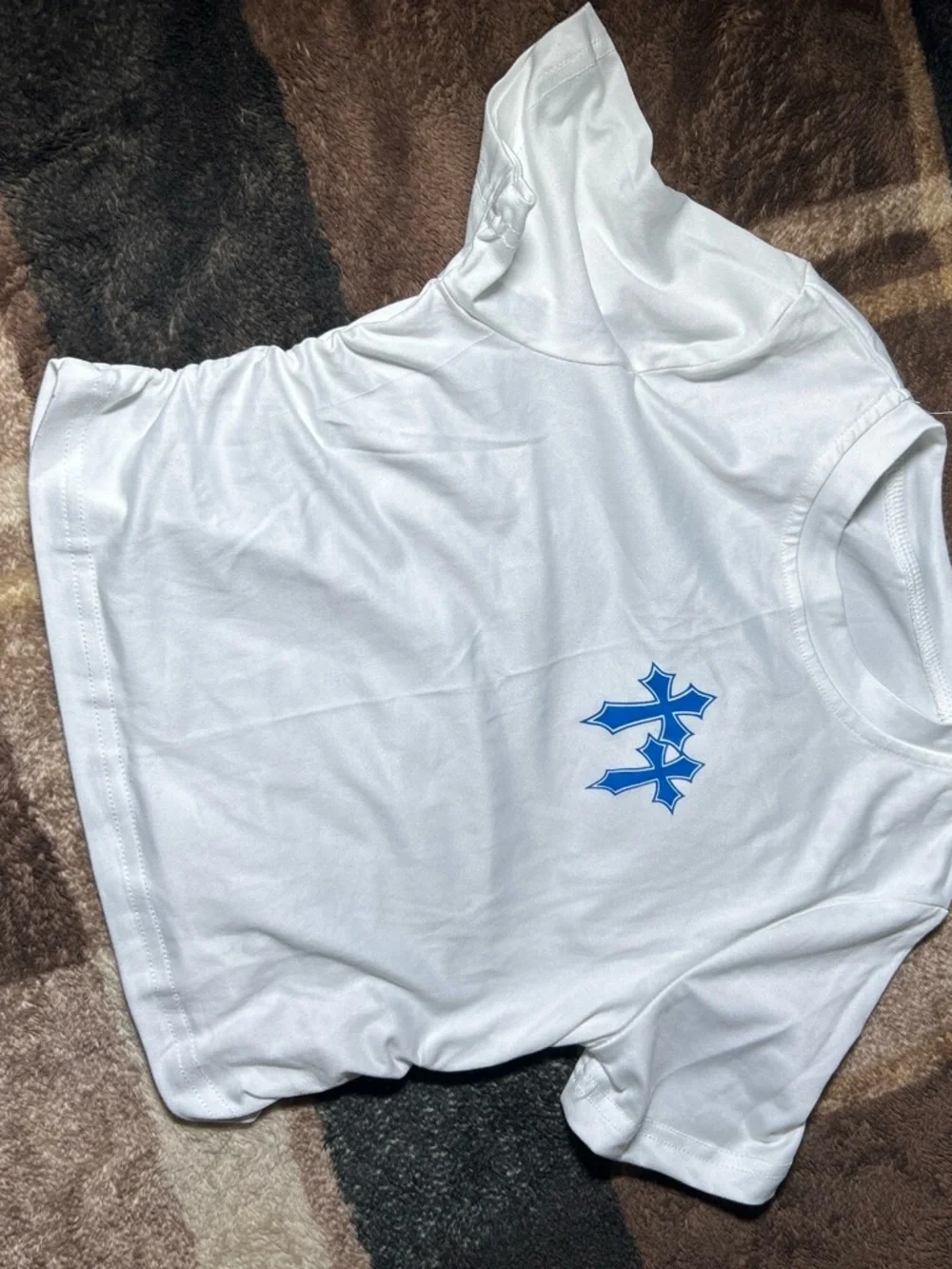 CHANEL White High Low Dress with Blue Logo